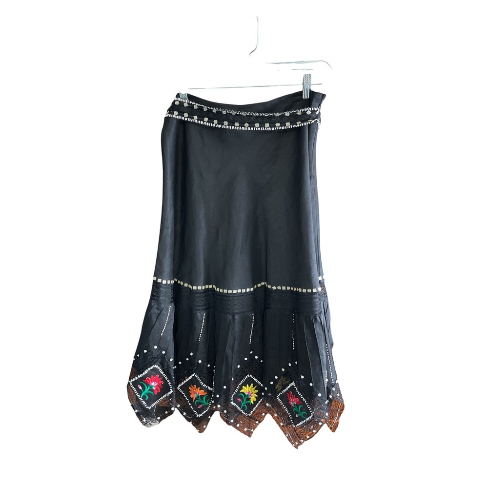 SilkLand Black Maxi Skirt with Colorful Embroidered Hem